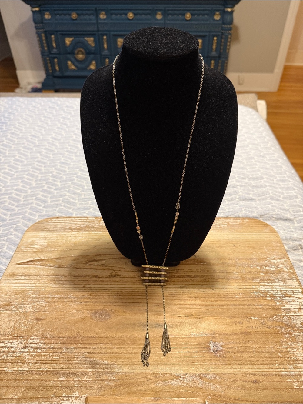 Vintage Gold Tone Beaded Tassel Pendant Long Statement Necklace